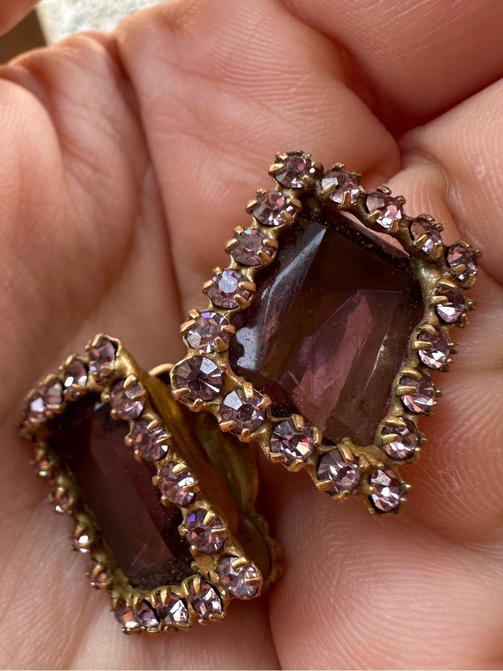 Vintage Original by Robert Amethyst Glass Emerald Cut Rhinestone Clip Earrings